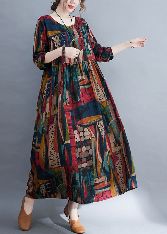 Vintage O-Neck Patchwork Print Cotton Cozy Maxi Dress Long Sleeve