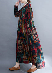 Vintage O-Neck Patchwork Print Cotton Cozy Maxi Dress Long Sleeve