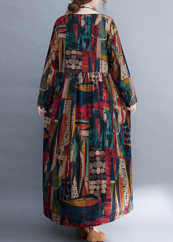 Vintage O-Neck Patchwork Print Cotton Cozy Maxi Dress Long Sleeve