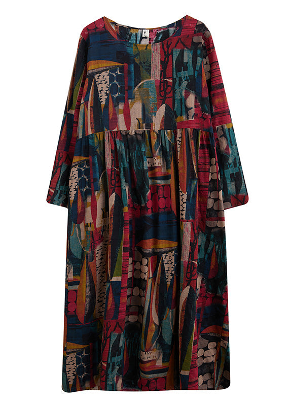 Vintage O-Neck Patchwork Print Cotton Cozy Maxi Dress Long Sleeve