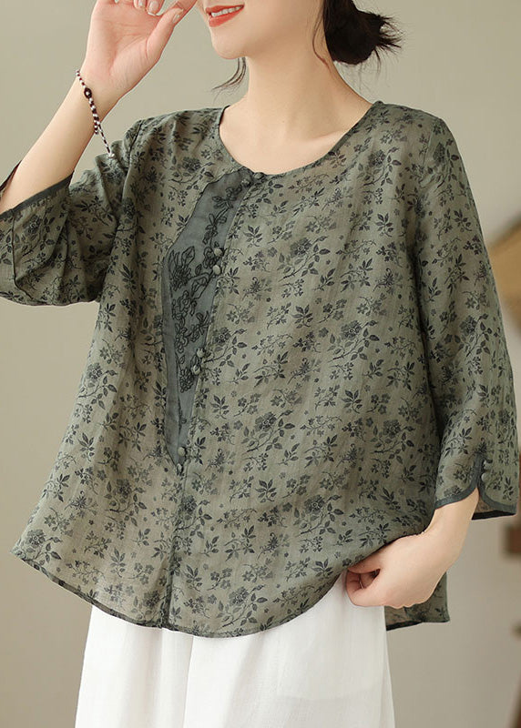 Vintage O-Neck Print Button Linen Shirt Long Sleeve