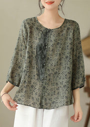 Vintage O-Neck Print Button Linen Shirt Long Sleeve