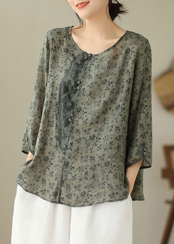 Vintage O-Neck Print Button Linen Shirt Long Sleeve