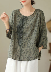 Vintage O-Neck Print Button Linen Shirt Long Sleeve