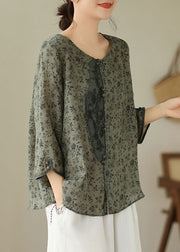 Vintage O-Neck Print Button Linen Shirt Long Sleeve