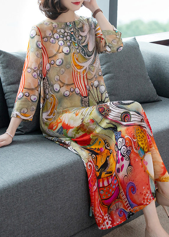 Vintage O-Neck Print Silk Vacation Long Dresses Long Sleeve