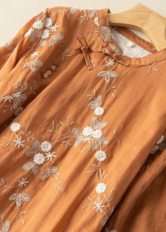 Vintage Orange Embroideried Chinese Button Patchwork Linen Dress Summer