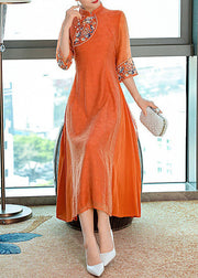 Vintage Orange Embroideried Side Open Silk Dresses Summer