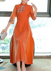 Vintage Orange Embroideried Side Open Silk Dresses Summer