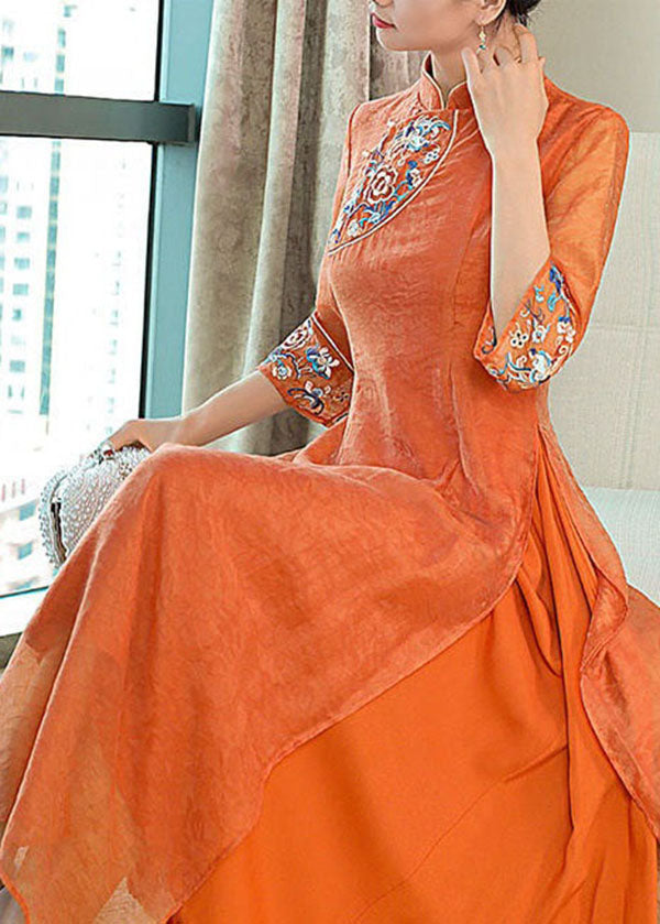 Vintage Orange Embroideried Side Open Silk Dresses Summer