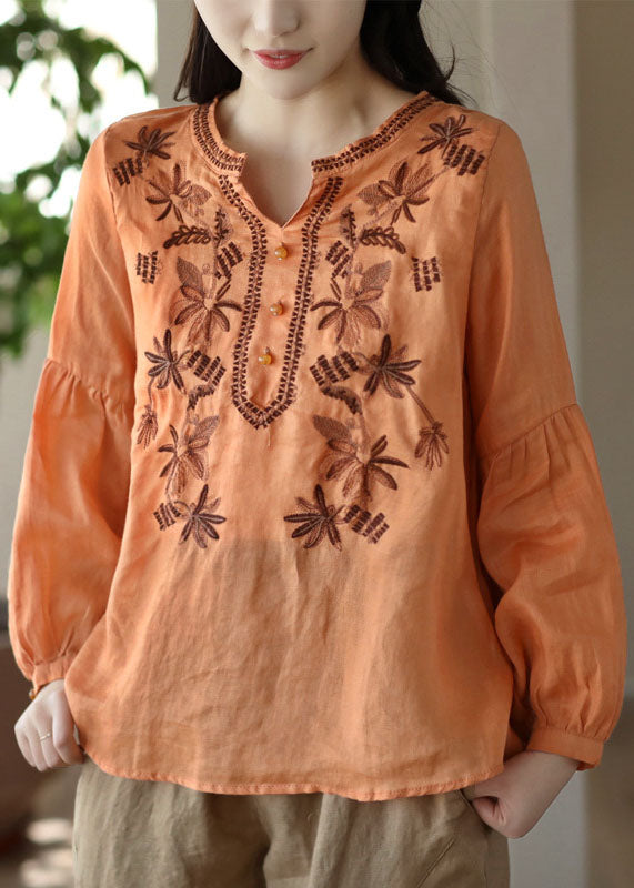 Vintage Orange Embroidered Wrinkled Patchwork Linen T Shirt Spring