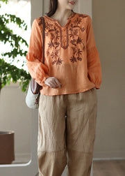 Vintage Orange Embroidered Wrinkled Patchwork Linen T Shirt Spring