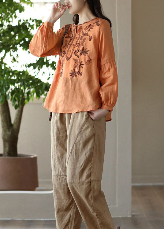 Vintage Orange Embroidered Wrinkled Patchwork Linen T Shirt Spring