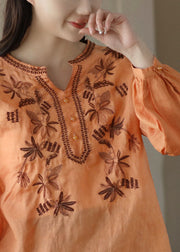 Vintage Orange Embroidered Wrinkled Patchwork Linen T Shirt Spring