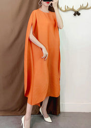 Vintage Orange O-Neck Asymmetrical Striped Long Dress Short Sleeve