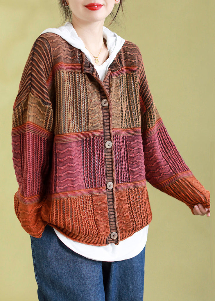 Vintage Orange O-Neck Striped Patchwork Button Cotton Knit Cardigan Spring