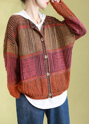 Vintage Orange O-Neck Striped Patchwork Button Cotton Knit Cardigan Spring