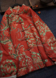 Vintage Orange Print Chinese Button Fine Cotton Filled Coats Winter