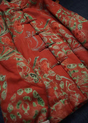 Vintage Orange Print Chinese Button Fine Cotton Filled Coats Winter