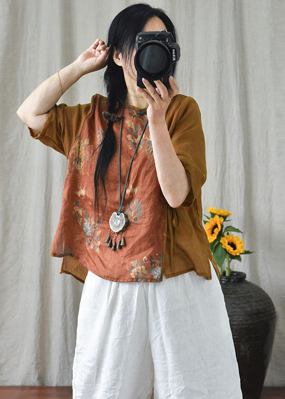 Vintage Orange Print Chinese Button Lace Up Patchwork Linen Shirt Summer