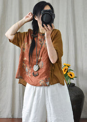 Vintage Orange Print Chinese Button Lace Up Patchwork Linen Shirt Summer