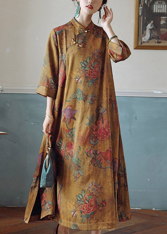 Vintage Orange Print Stand Collar Button Silk Maxi Dresses Spring