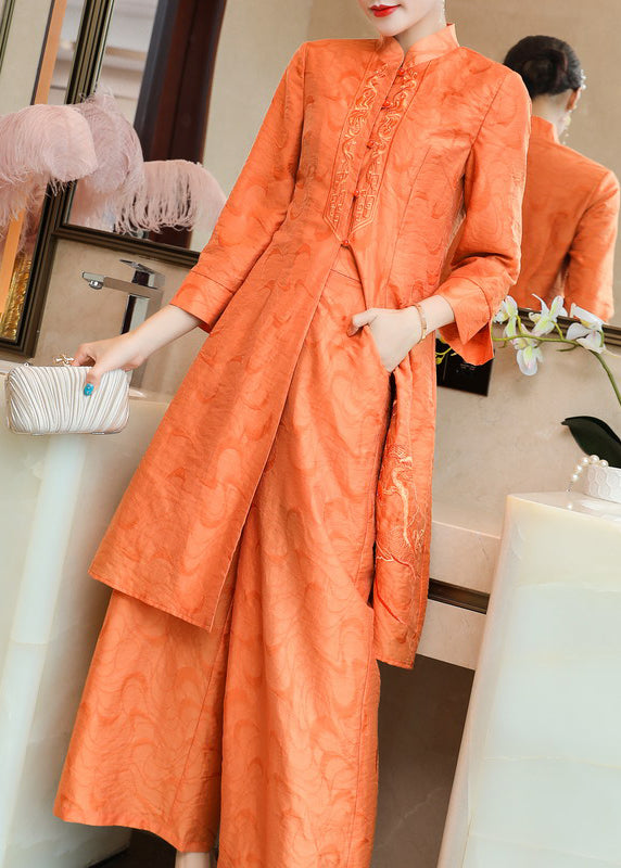 Vintage Orange Stand Collar Embroideried Silk Two Piece Set Fall