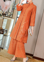 Vintage Orange Stand Collar Embroideried Silk Two Piece Set Fall