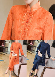 Vintage Orange Stand Collar Embroideried Silk Two Piece Set Fall