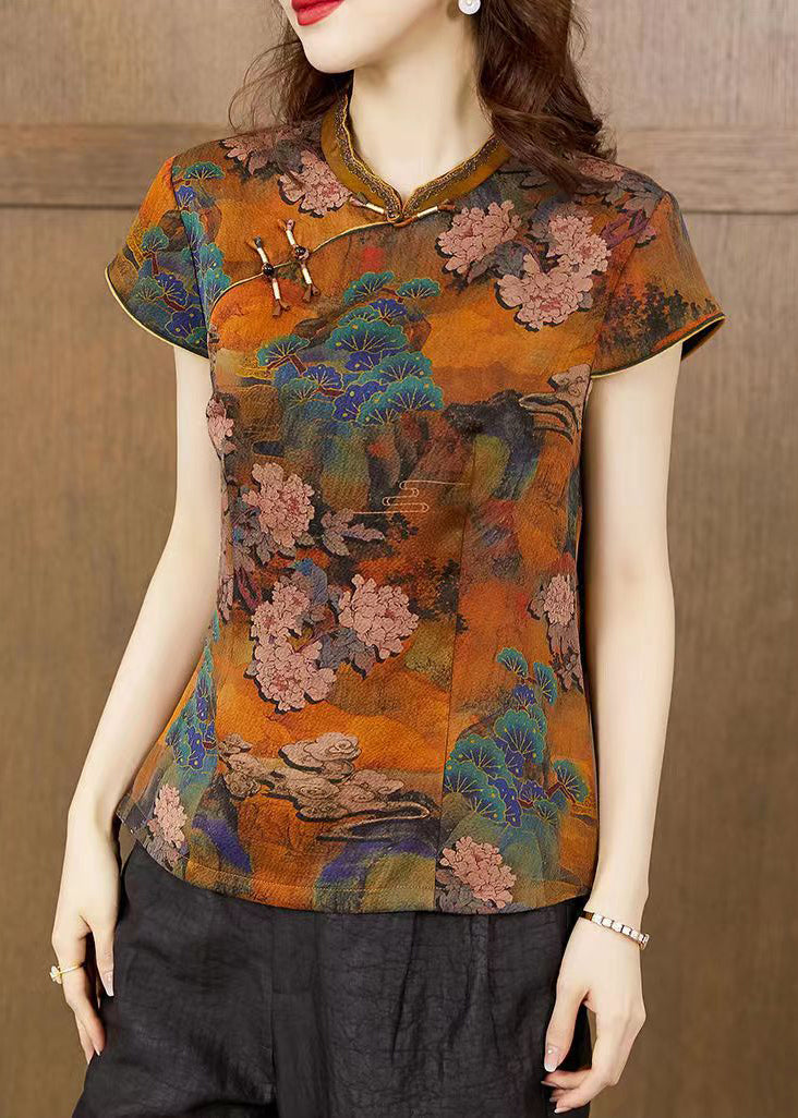 Vintage Orange Stand Collar Print Button Silk T Shirts Summer