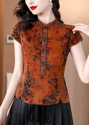 Vintage Orange Stand Collar Print Silk Shirts Summer