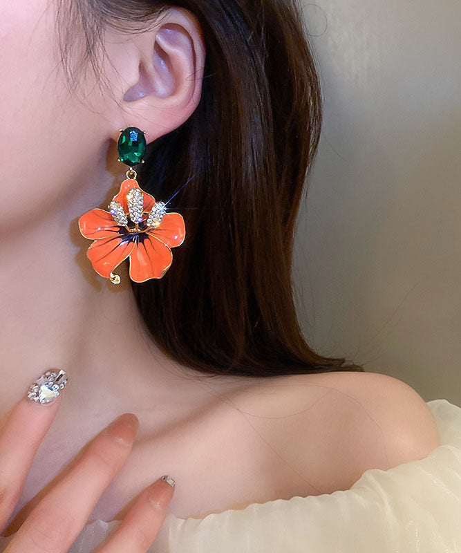 Vintage Orange Sterling Silver Zircon Oil Dirp Floral Drop Earrings