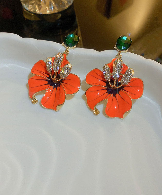 Vintage Orange Sterling Silver Zircon Oil Dirp Floral Drop Earrings