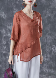 Vintage Orange V Neck Chinese Button Linen Shirt Top Summer