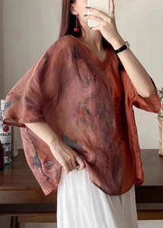 Vintage Orange V Neck Embroideried Print Patchwork Linen Shirt Tops Summer