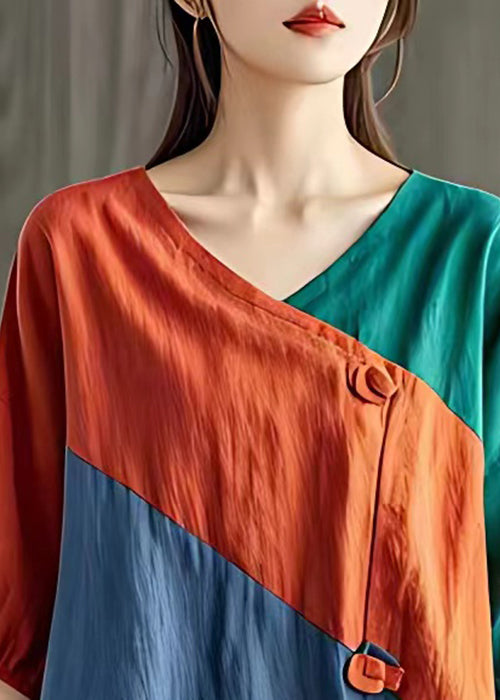 Vintage Orange V Neck Patchwork Cotton T Shirts Half Sleeve