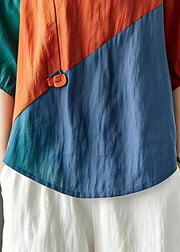 Vintage Orange V Neck Patchwork Cotton T Shirts Half Sleeve