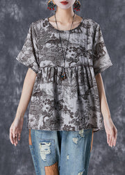 Vintage Oversized Inkwash Painting Print Linen Shirt Tops Summer