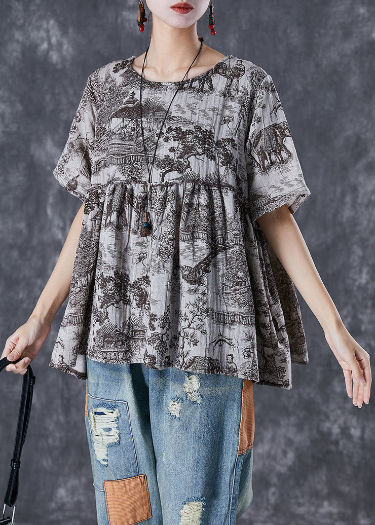 Vintage Oversized Inkwash Painting Print Linen Shirt Tops Summer