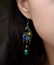 Vintage Peacock Green Agate Metal Drop Earrings