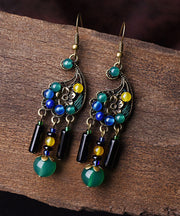 Vintage Peacock Green Agate Metal Drop Earrings