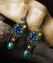 Vintage Peacock Green Agate Metal Drop Earrings