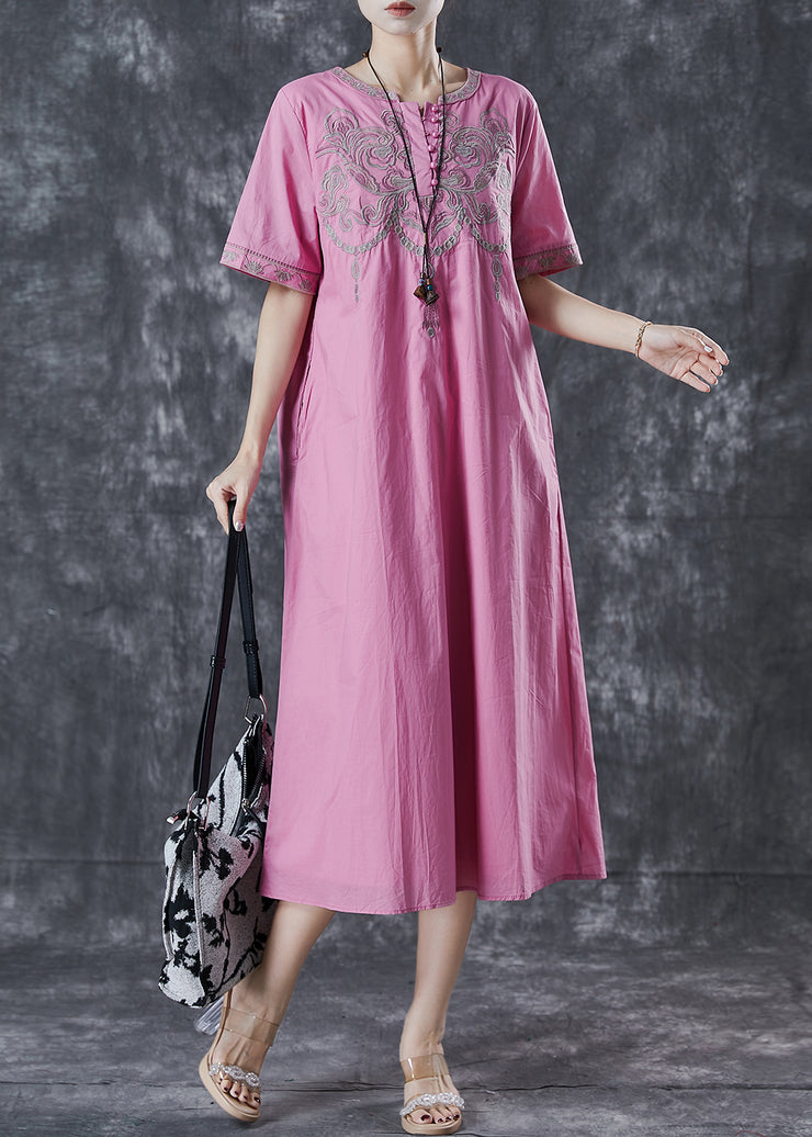 Vintage Pink Embroidered Cotton Long Dress Summer