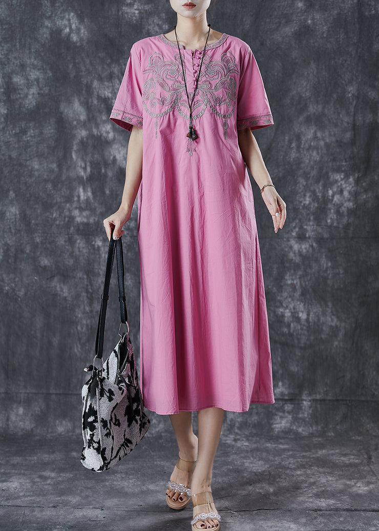 Vintage Pink Embroidered Cotton Long Dress Summer