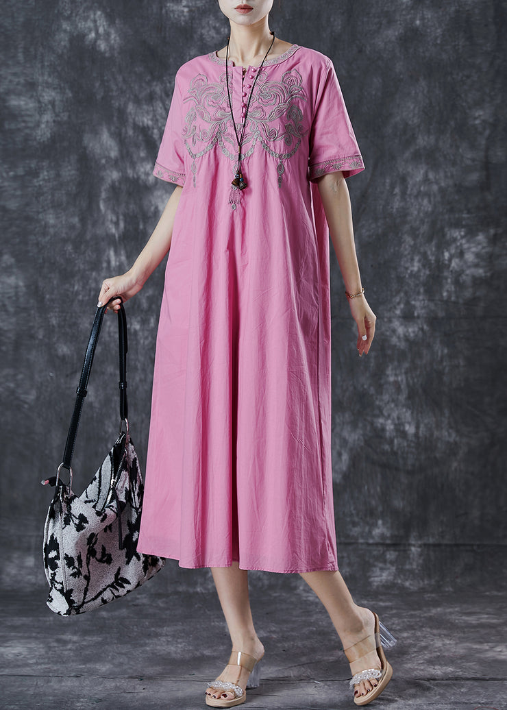 Vintage Pink Embroidered Cotton Long Dress Summer