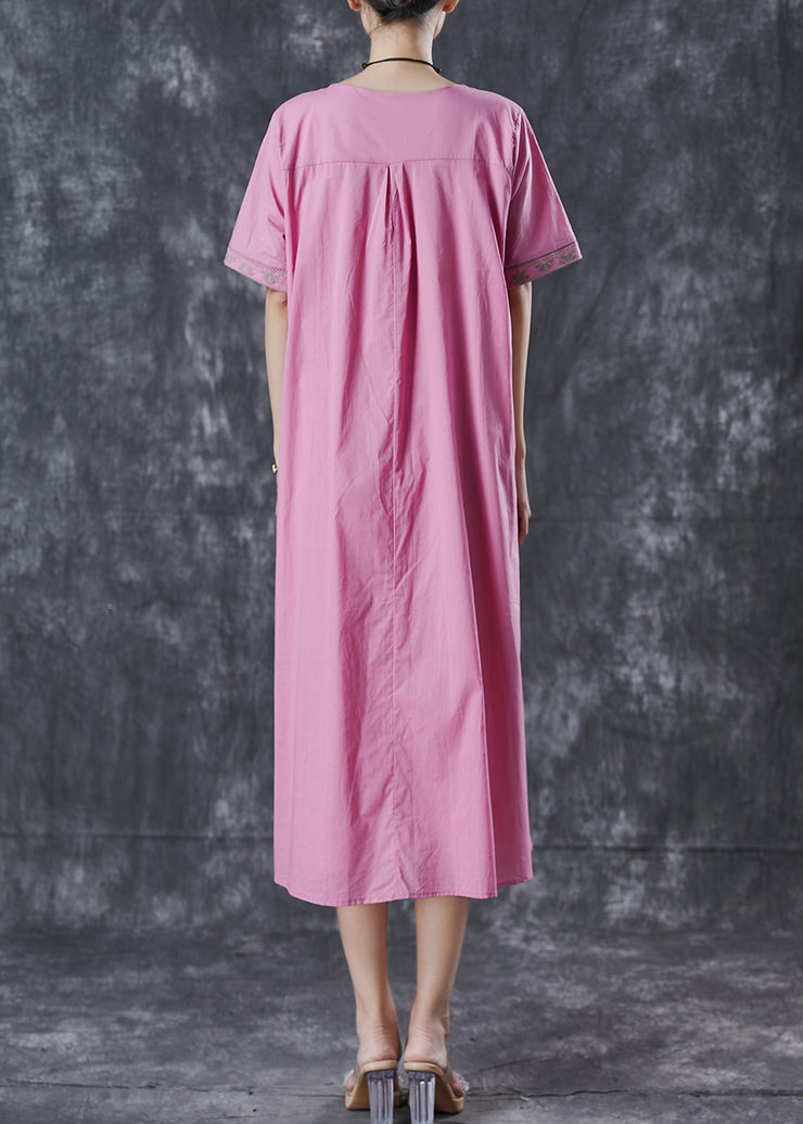 Vintage Pink Embroidered Cotton Long Dress Summer