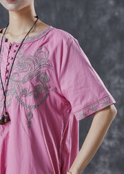 Vintage Pink Embroidered Cotton Long Dress Summer