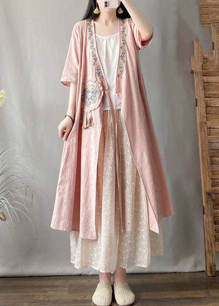 Vintage Pink Embroidered Tassel Long Cardigans Summer