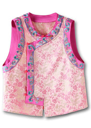 Vintage Pink Embroidered Button Patchwork Silk Waistcoat Sleeveless