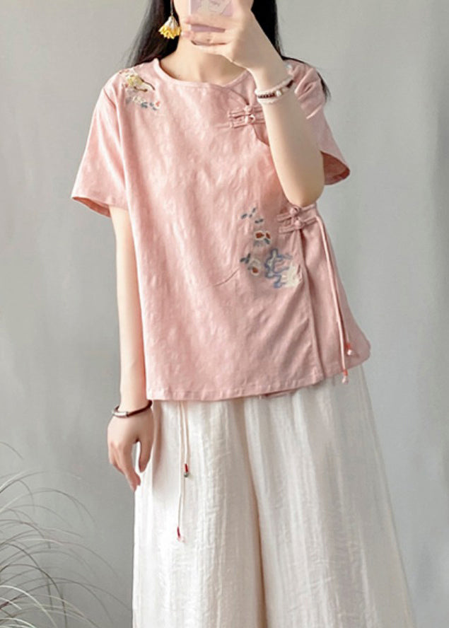 Vintage Pink Embroidered Chinese Button Patchwork Linen Top Summer